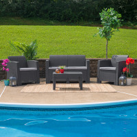 Flash Furniture DAD-SF-112T-DKGY-GG 4 Piece Outdoor Faux Rattan Chair, Loveseat and Table Set in Dark Gray 